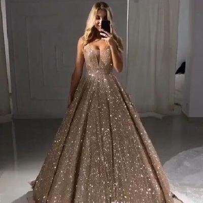 V neck sequins long prom dresses a line floor length formal party evening gowns - Thumbnail 5