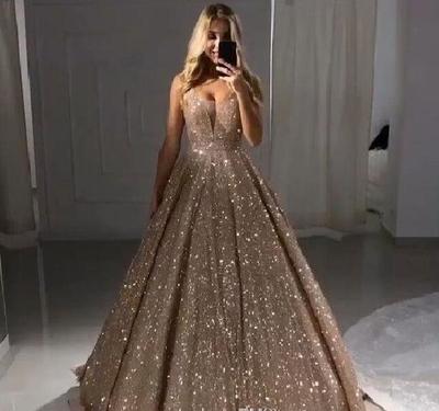 V Neck Sequins Long Prom Dresses A Line Floor Length Formal Party Evening Gowns