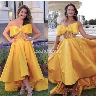 High low gold big bow prom dresses 2019 strapless illusion bodice hi-lo celebrity gowns special occasion dress formal evening party gowns - Thumbnail 5