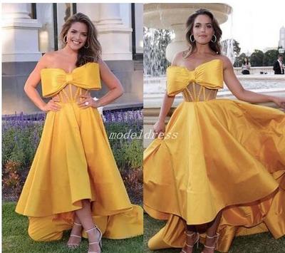 High Low Gold Big Bow Prom Dresses 2019 Strapless Illusion Bodice Hi-Lo Celebrity Gowns Special Occasion Dress Formal Evening Party Gowns