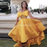 High Low Gold Big Bow Prom Dresses 2019 Strapless Illusion Bodice Hi-Lo Celebrity Gowns Special Occasion Dress Formal Evening Party Gowns - Thumbnail 1