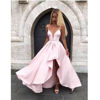  Light Pink High-Low Satin Prom Dresses Sexy Spaghetti Straps A-Line Long Evening Party Gowns Plus Size Special Occasion Formal Dresses - Thumbnail 1