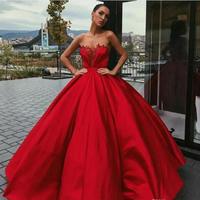 Vintage Red Ball Gown Prom Dresses Sweetheart Sleeveless Appliques Plus Size Pageant Gown Satin Floor Length Vestido de novia - Thumbnail 1