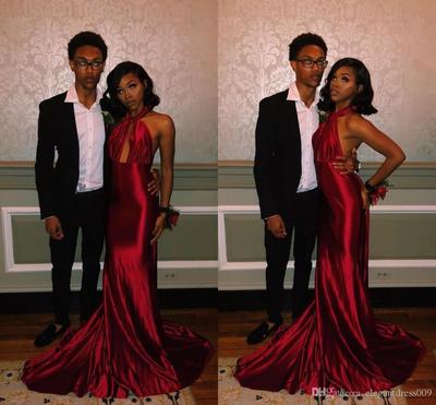  Fashion Red African Black Girls Mermaid Prom Dresses Long Halter Neck Backless Formal Dress Evening Wear Vestidos de fiesta largos