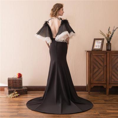 Backless long mermaid evening dresses new scoop neck 1/2 sleeve feather tull formal prom gown party dress custom made  - Thumbnail 4