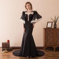 Backless Long Mermaid Evening Dresses New Scoop Neck 1/2 Sleeve Feather Tull Formal Prom Gown Party Dress Custom Made  - Thumbnail 1