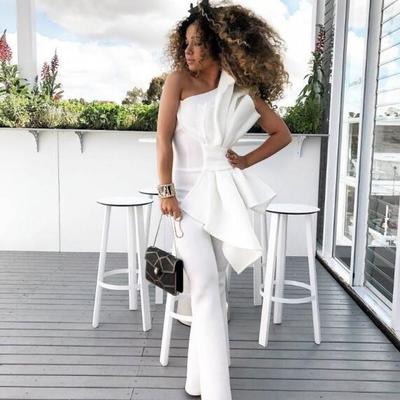 Vintage one shoulder white women jumpsuit prom dresses with big bow formal party evening gowns custom made special occasion dress - Thumbnail 5