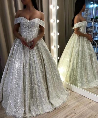 Sparkly Silver Sequined Long Prom Dresses 2019 Off Shoulders A Line Sequins Formal Evening Party Gowns Vintage Arabic Cheap Fashion Wear