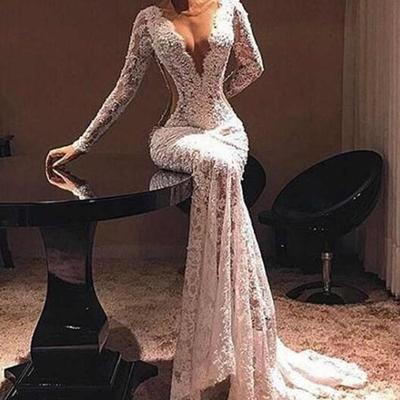 Deep v neck prom dresses long sleeves lace mermiad formal dresses evening sexy cutway sides cocktail party gowns - Thumbnail 5