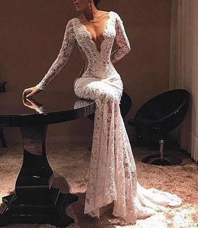 Deep V Neck Prom Dresses Long Sleeves Lace Mermiad Formal Dresses Evening Sexy Cutway Sides Cocktail Party Gowns
