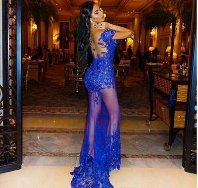 Royal Blue Sexy See Through Prom Dresses Cap Sleeves Illusion Lace Mermaid Custom Made Special Occasion Party Gowns Vestido De Festa