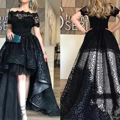 Modest black high low lace prom dresses 2018 bateau short sleeve a line short front long back evening party pageant gowns cheap vestidos - Thumbnail 5