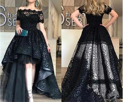Modest Black High Low Lace Prom Dresses 2018 Bateau Short Sleeve A Line Short Front Long Back Evening Party Pageant Gowns Cheap Vestidos