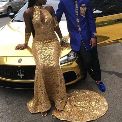 Gold long mermaid prom dresses new sleeveless high neck sweep strain formal evening dress party gowns custom made - Thumbnail 5