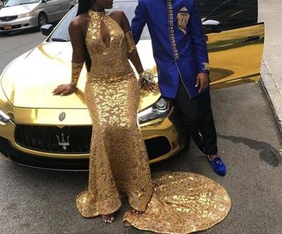 Gold Long Mermaid Prom Dresses New Sleeveless High Neck Sweep Strain Formal Evening Dress Party Gowns Custom Made