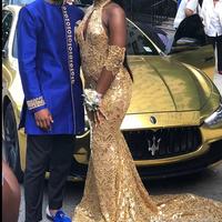 Gold Long Mermaid Prom Dresses New Sleeveless High Neck Sweep Strain Formal Evening Dress Party Gowns Custom Made - Thumbnail 1