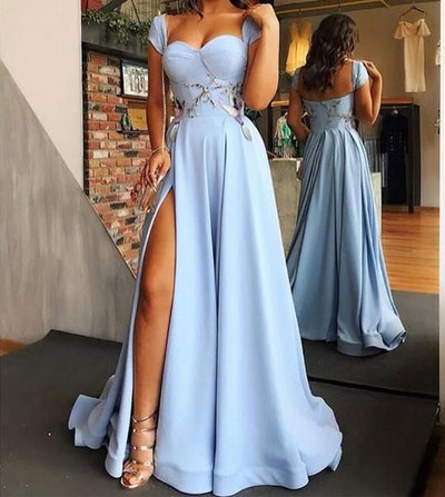 Light Blue Split Side Cap Sleeves Long Prom Dresses