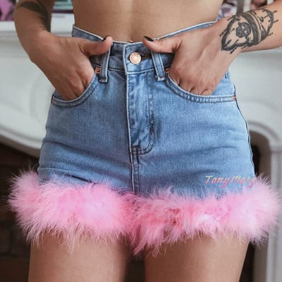 Sexy fur jeans denim shorts