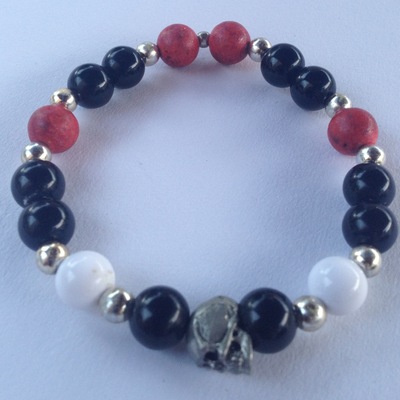 Black, white & red pewter skull bracelet