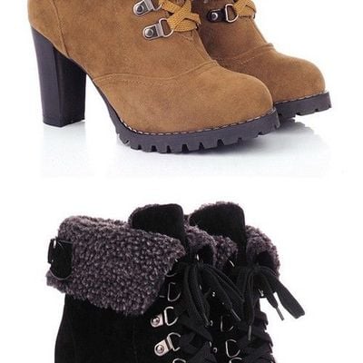 Chunky heel foldover booties black boots q-0654