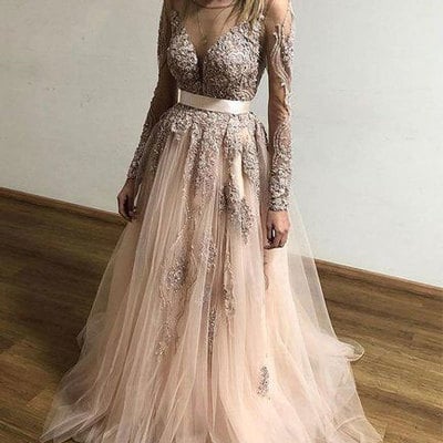 Sheer neck long prom dresses with appliques long sleeves - Thumbnail 4