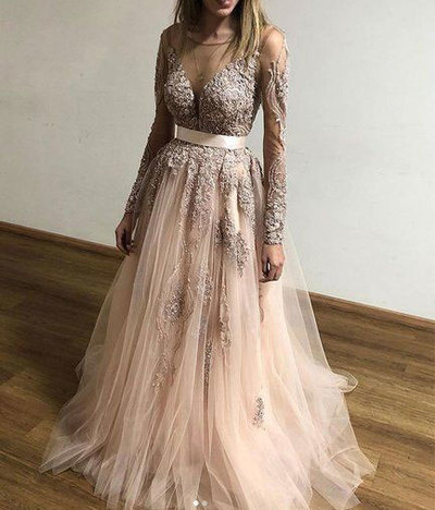 Sheer Neck Long Prom Dresses with Appliques Long Sleeves