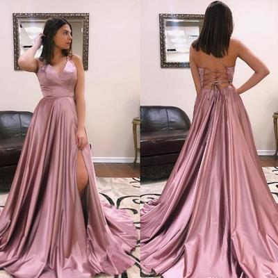  blush pink a line sexy prom dresses long v neck simple cheap high side split backless formal dress evening wear vestidos de fiesta largos - Thumbnail 5