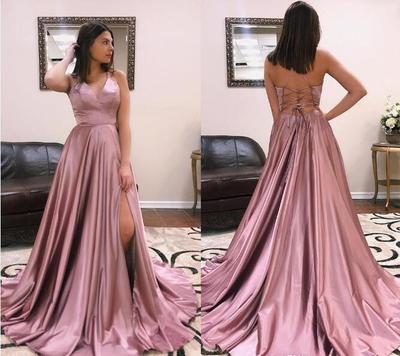  Blush Pink A Line Sexy Prom Dresses Long V Neck Simple Cheap High Side Split Backless Formal Dress Evening Wear Vestidos de fiesta largos