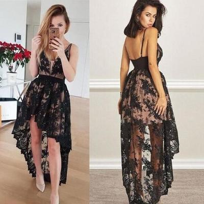  black lace prom dresses hi lo vintage formal evening gowns v neck zip back girls party dress 2k19 african black girls dress - Thumbnail 4