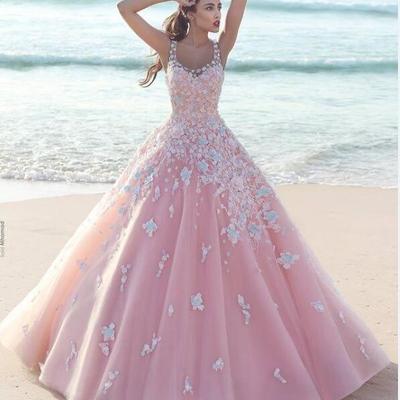 Sweet pink prom dresses lace applique a line formal evening gowns with scoop neck zip back floor length custom made party gowns - Thumbnail 5