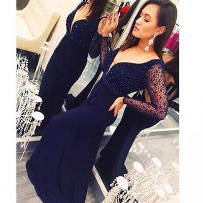 High quality crystal beaded navy blue satin prom dresses v neck sheer long sleeves mermaid evening party prom gowns new arrival - Thumbnail 5