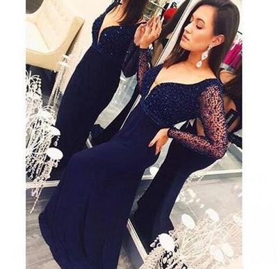 High Quality Crystal Beaded Navy Blue Satin Prom Dresses V Neck Sheer Long Sleeves Mermaid Evening Party Prom Gowns New Arrival