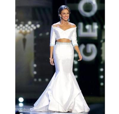 White Two Pieces Pageant Dresses Off Shoulder Half Long Sleeve Mermaid Prom Dresses Floor Length Formal Party Evening Gowns For Women