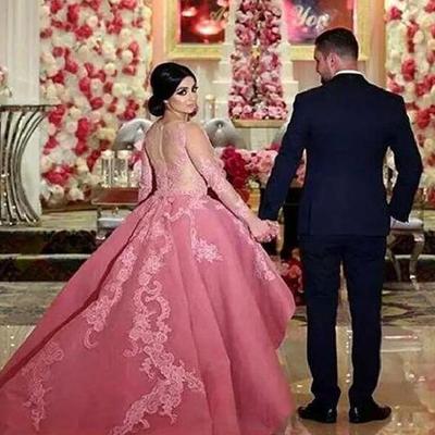 Sheer neck lace appliques prom dresses with illusion long sleeves satin peplum zipper back evening gowns high low arabic formal party dress - Thumbnail 3