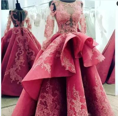 Sheer Neck Lace Appliques Prom Dresses With Illusion Long Sleeves Satin Peplum Zipper Back Evening Gowns High Low Arabic Formal Party Dress