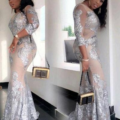 South african plus size women prom dresses 2019 sexy see through silver lace applique evening gowns mermaid sheer long sleeve party vestidos - Thumbnail 5
