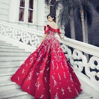 Red Prom Dresses Sexy Off The Shoulder Evening Gowns A Line White Appliques A Line Party Dress Arabic Women Formal Wear - Thumbnail 2