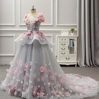 Gorgeous Colorful Ball Gown Prom Dresses 2019 Spring Summer Light Gray Flora Appliques Evening Gowns Lace Up Back Peplum Party Dress - Thumbnail 1