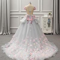 Gorgeous Colorful Ball Gown Prom Dresses 2019 Spring Summer Light Gray Flora Appliques Evening Gowns Lace Up Back Peplum Party Dress - Thumbnail 3