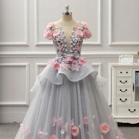 Gorgeous Colorful Ball Gown Prom Dresses 2019 Spring Summer Light Gray Flora Appliques Evening Gowns Lace Up Back Peplum Party Dress - Thumbnail 4