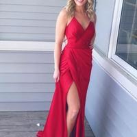 Sexy Backless Red Side Slit Mermaid Long Evening Prom Dresses - Thumbnail 1