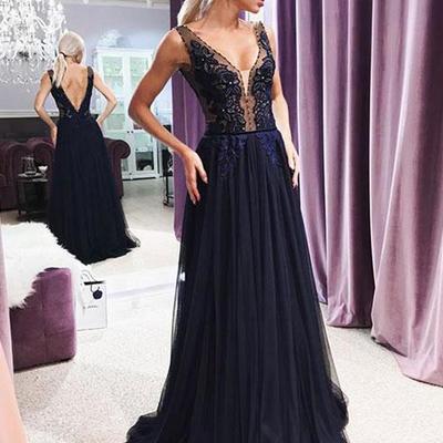 Dark navy blue v neck see through long evening prom dresses - Thumbnail 5