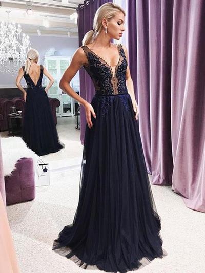 Dark Navy Blue V Neck See Through Long Evening Prom Dresses