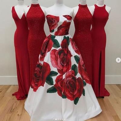 Floral print ball gown prom dresses strapless red big rose evening formal gowns - Thumbnail 3