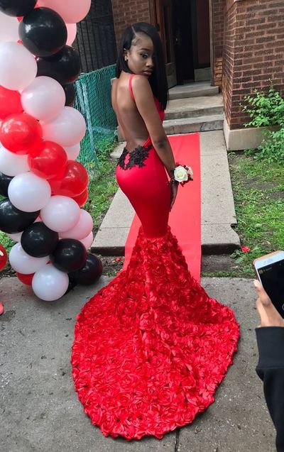 Sexy Red Backless Mermaid African Girl Prom Dresses Red Rose Lace Evening Formal Gowns