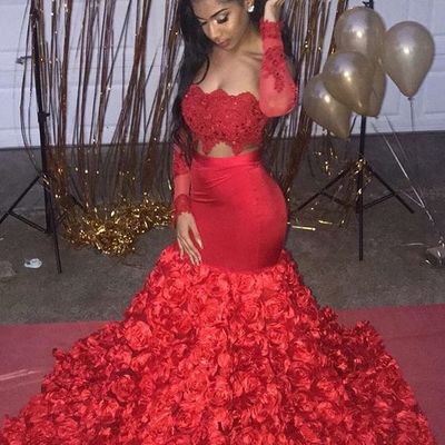 Red mermaid african girl prom dresses lace bodice red rose lace evening formal gowns - Thumbnail 4