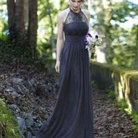 Halter Long Gray Bridesmaid Dresses with Lace - Thumbnail 1