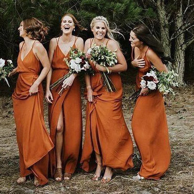 Dark Orange Spaghetti Straps Long Bridesmaid Dresses