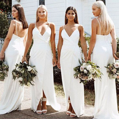 Sexy spaghetti straps white long bridesmaid dresses for wedding - Thumbnail 4