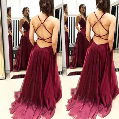 Criss cross sexy burundy long prom dresses - Thumbnail 4
